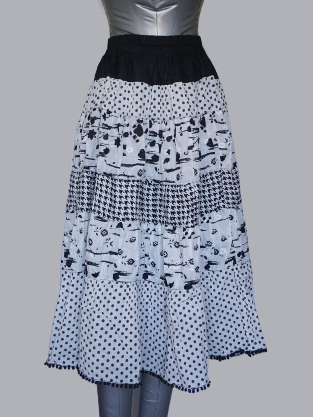 Patchwork Polka Dot Pull-On Midi Skirt Elastic Waist Petite XS Estimated